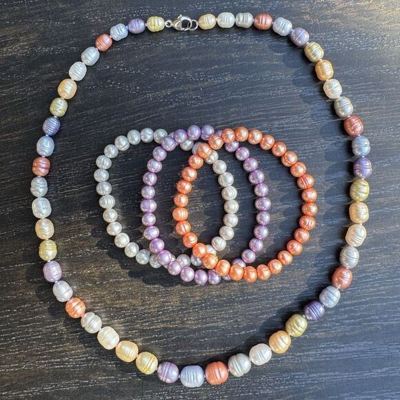 Honora 20” Multicolor Freshwater Pearl Necklace + Stretch Bracelets Sterling 925 - Picture 12 of 15
